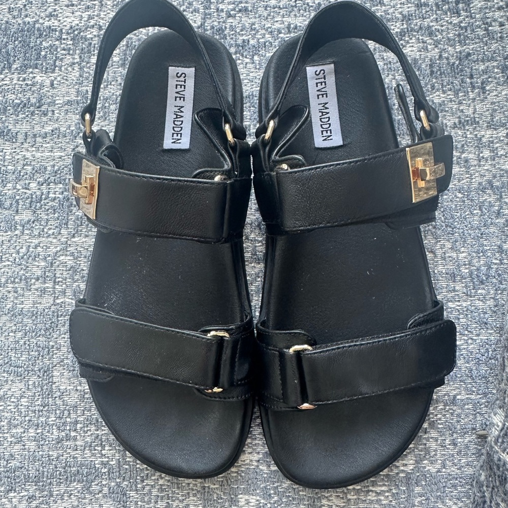 Steve Madden Black Leather Strappy Sandals with Gold Hardware